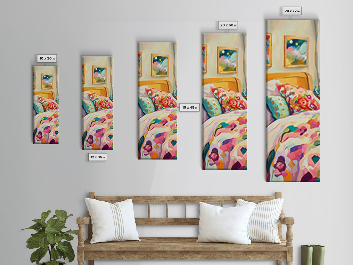 Floral Pillows On Cozy Bedroom Bed Framed Canvas Print, Romantic Wall Art, Bedroom Decor, Above Bed Art, Housewarming Gift