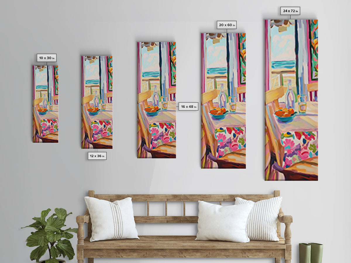 Sunlit Cafe Chair With Ocean View And Bottle Canvas Print, Coastal Kitchen Wall Art, Beach House Decor, Dining Room Print