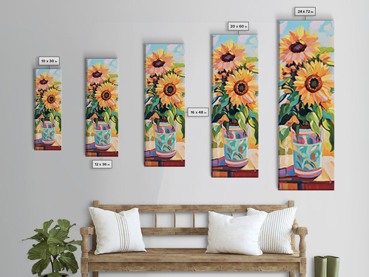Bright Sunflowers In Patterned Vase Wall Art, Summer Floral Canvas Print, Farmhouse Kitchen Decor, Housewarming Gift For Her