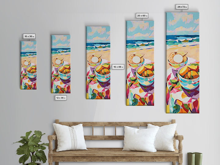 Beach Picnic Bowls And Seashell Painting, Coastal Canvas Print, Ocean Wall Art, Beach House Decor, Kitchen Art, Summer Decor