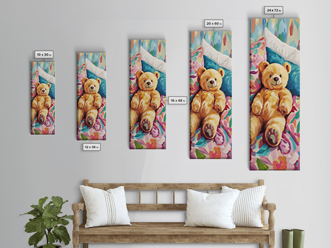 Teddy Bear On Floral Bed Painting, Whimsical Canvas Print, Nursery Wall Art, Kids Room Decor, Baby Shower Gift, Cute Wall Art