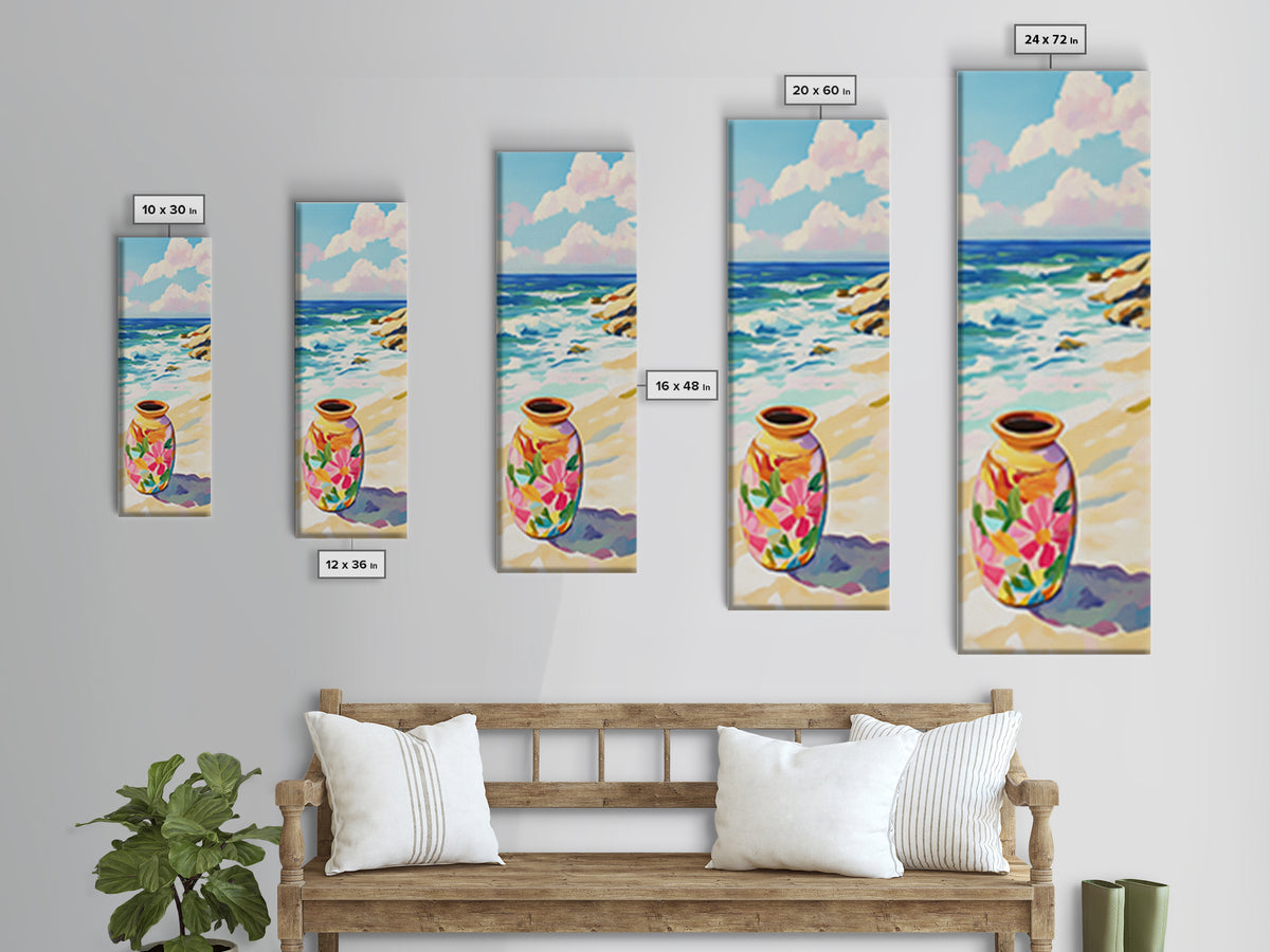 Floral Painted Vase On Sandy Beach Canvas Print, Coastal Wall Art, Ocean Decor, Tropical Flowers, Summer Housewarming Gift