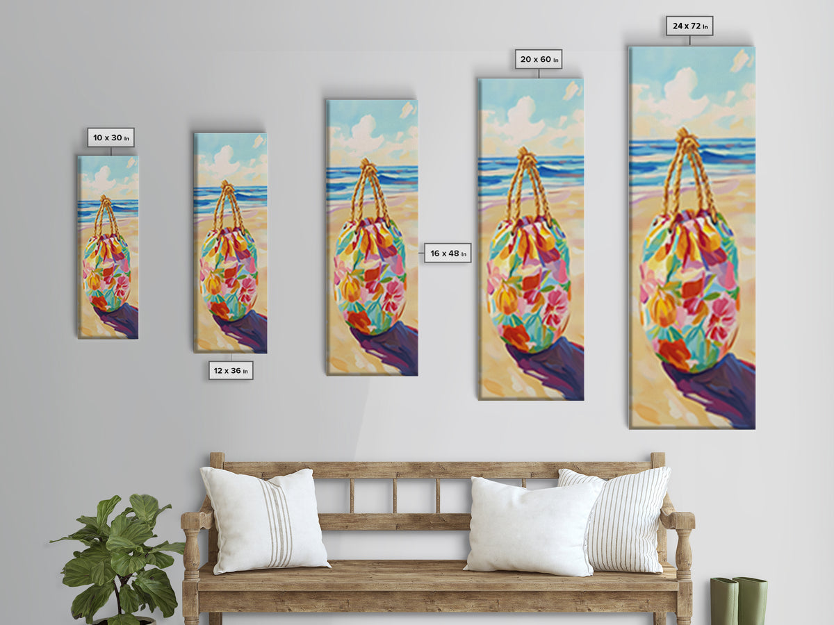 Floral Beach Tote On Sunny Shore Canvas Print, Coastal Wall Art, Beach House Decor, Tropical Decor, Summer Travel Gift For Her