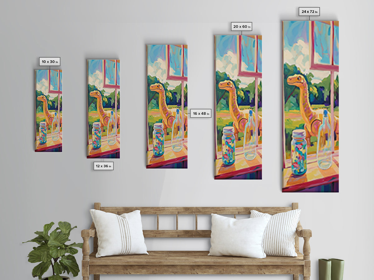 Whimsical Long Neck Dinosaur By Sunny Window Wall Art, Colorful Canvas Print, Kids Room Decor, Playful Nursery Art Print
