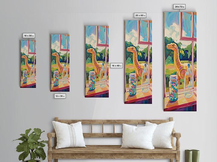 Whimsical Long Neck Dinosaur By Sunny Window Wall Art, Colorful Canvas Print, Kids Room Decor, Playful Nursery Art Print