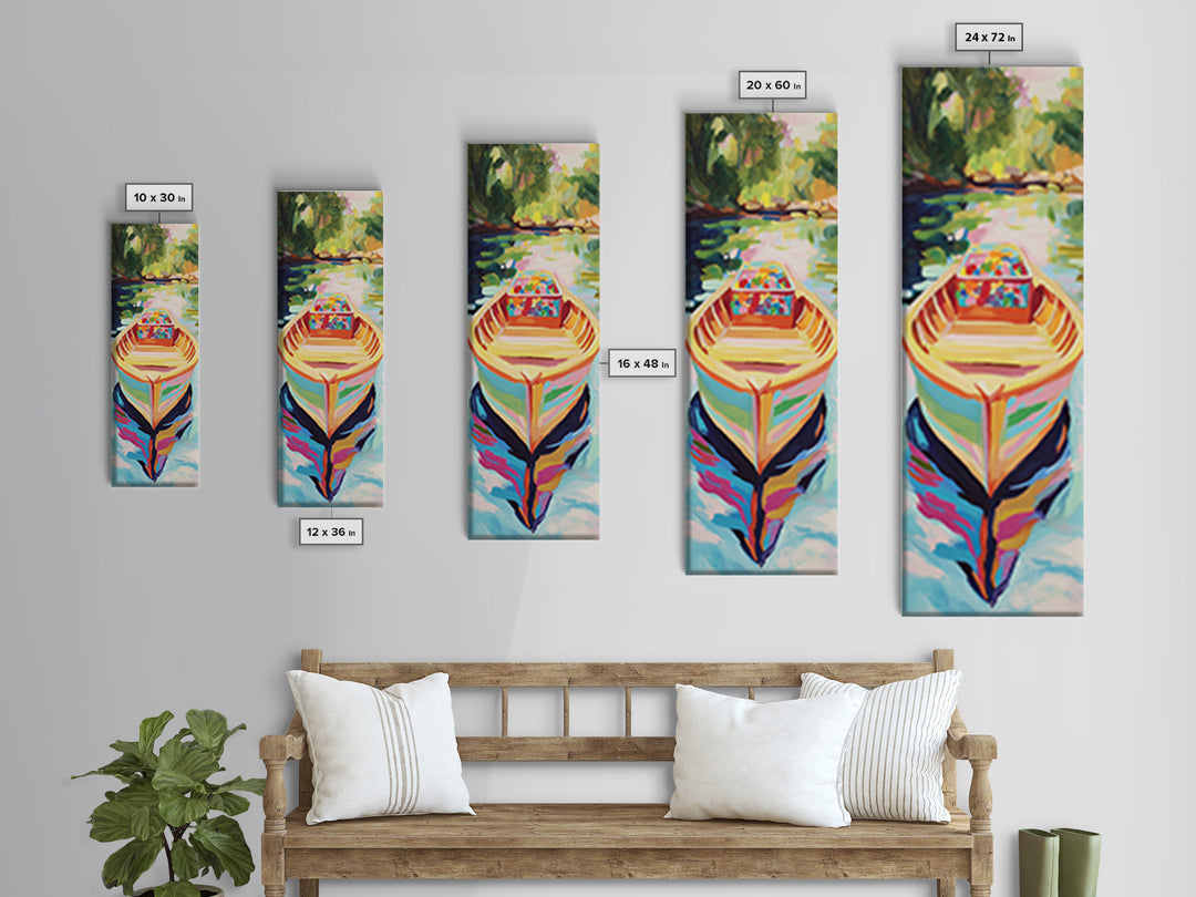 Colorful Rowboat On Sunlit River Wall Art, Coastal Lake Canvas, Bright Boho Home Decor, Living Room Art Print, Unique Housewarming Gift