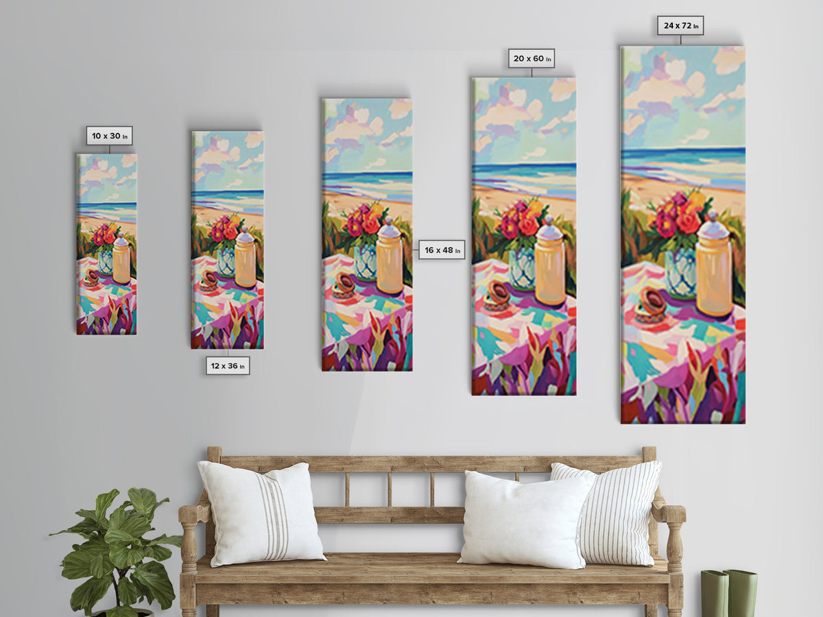 Beach Picnic Flowers And Shells Wall Art, Coastal Canvas Print, Ocean Living Room Decor, Beach House Art Gift For Her Decor