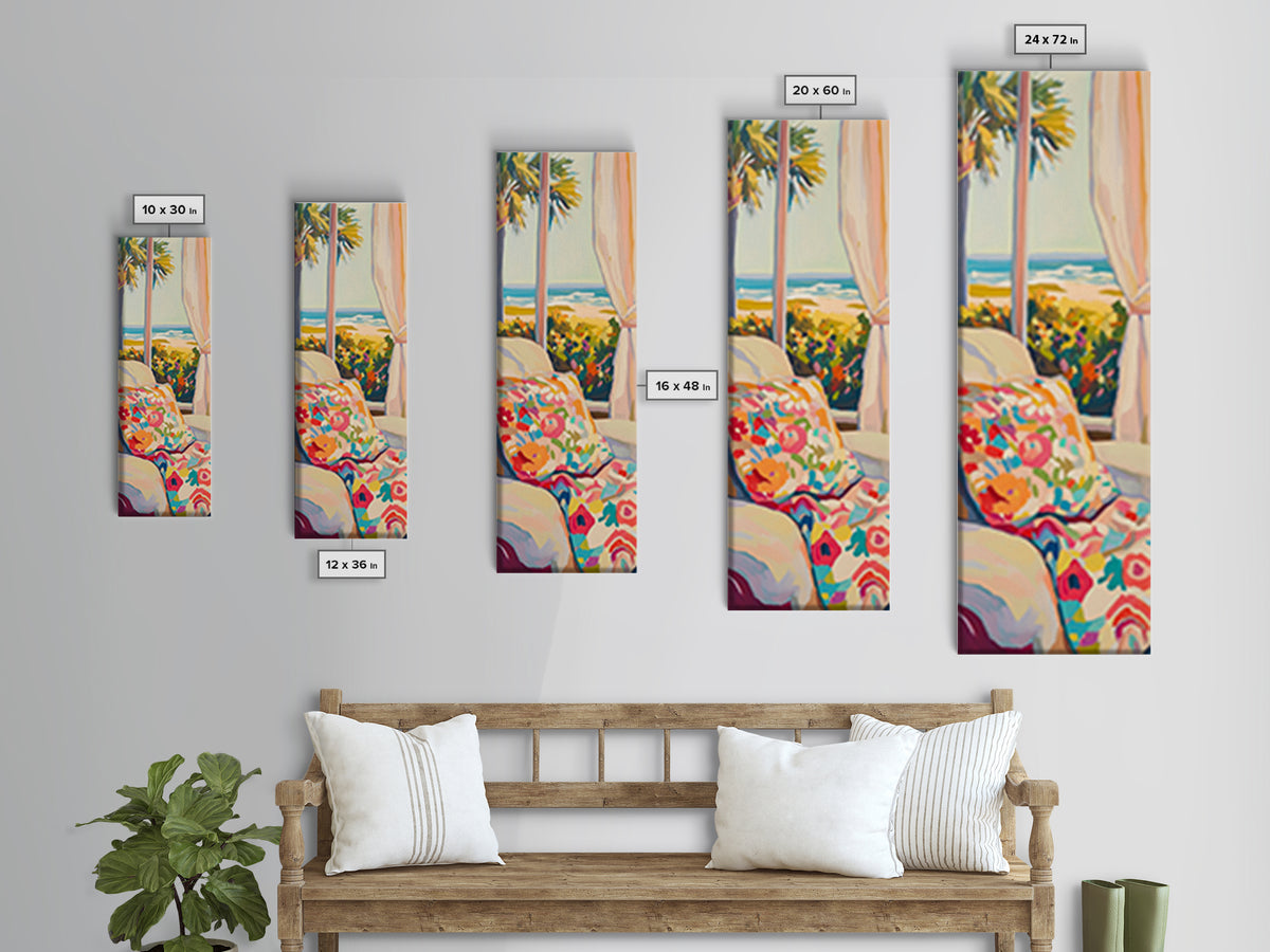 Coastal Bedroom With Ocean View And Floral Pillow, Beach Wall Art For Above Bed Decor, Canvas Print, Summer Home Decor Gift
