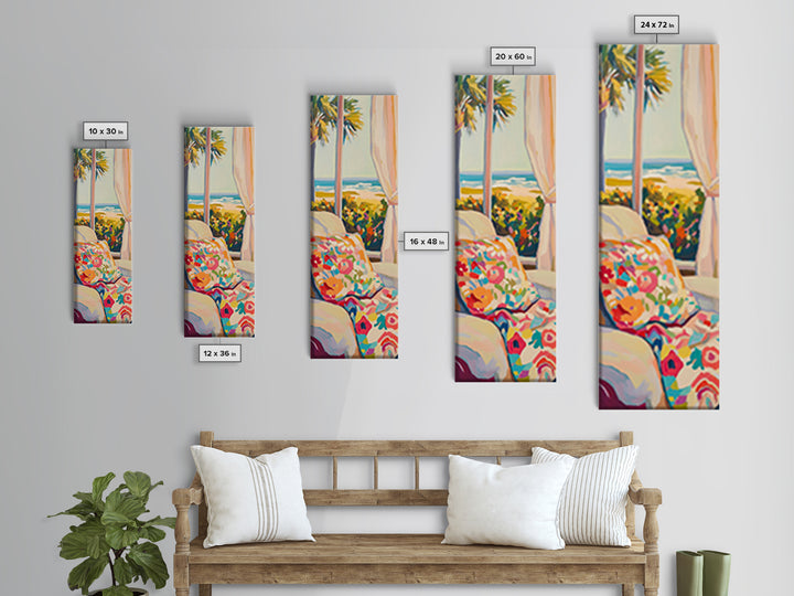 Coastal Bedroom With Ocean View And Floral Pillow, Beach Wall Art For Above Bed Decor, Canvas Print, Summer Home Decor Gift