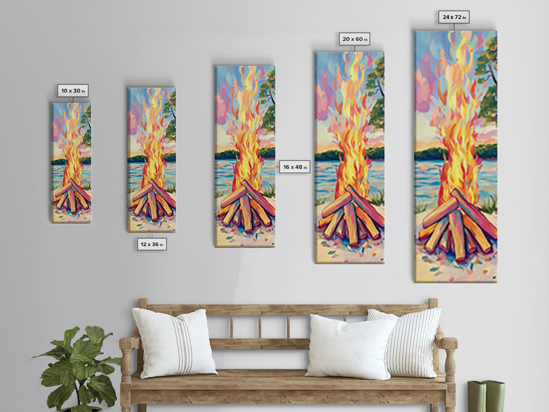 Lakeside Bonfire With Bright Flames Canvas Print, Cozy Rustic Cabin Wall Art, Campfire Decor, Summer Lake Housewarming Gift