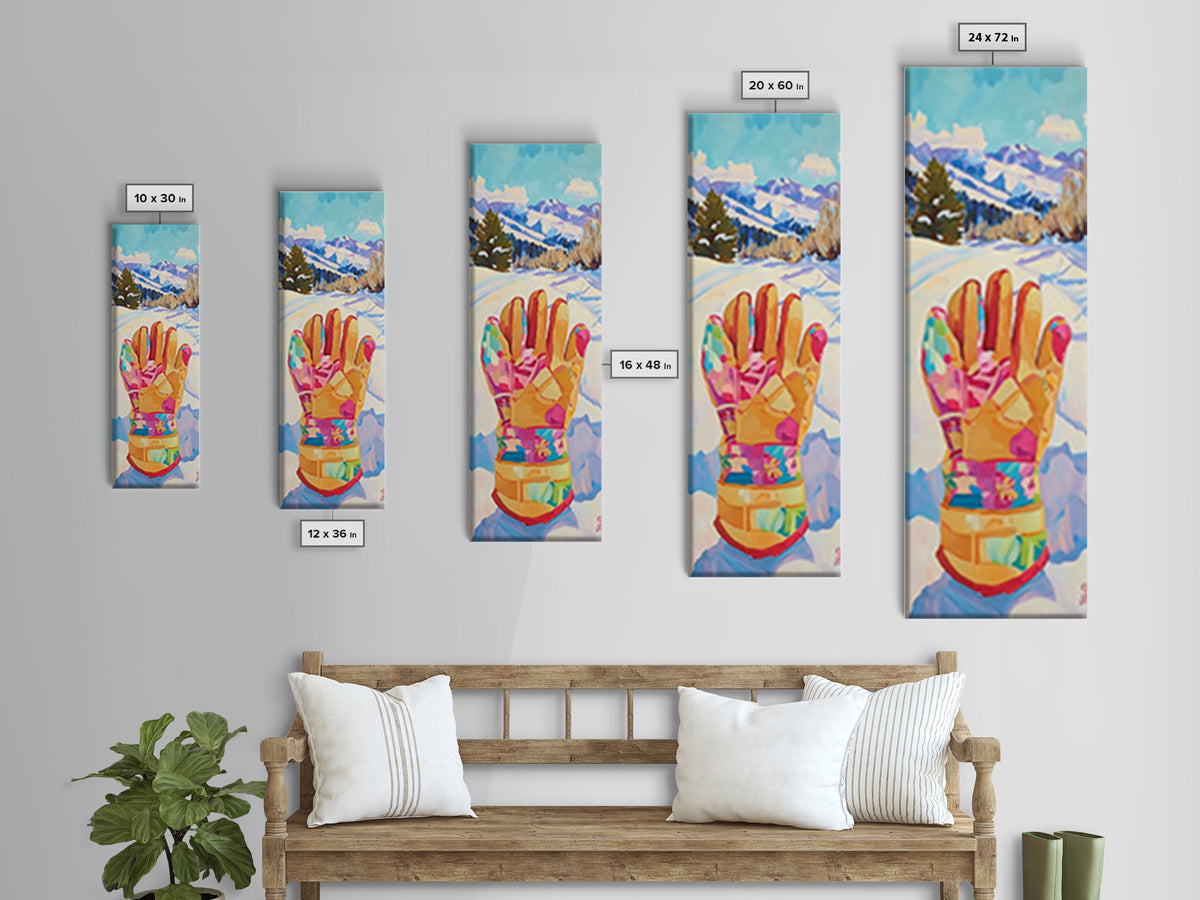 Colorful Winter Mitten In Snowy Mountain Landscape Wall Art, Ski Cabin Decor, Whimsical Kids Room Nursery Canvas Print Gift