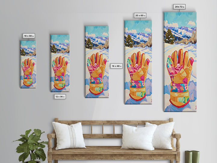Colorful Winter Mitten In Snowy Mountain Landscape Wall Art, Ski Cabin Decor, Whimsical Kids Room Nursery Canvas Print Gift