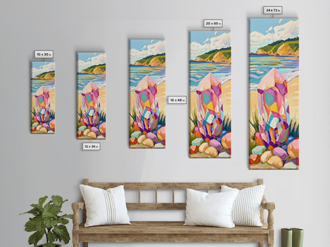 Rainbow Crystal Beach Canvas Print, Coastal Wall Art, Colorful Gemstone Decor, Ocean Landscape Print, Boho Beach House Gift