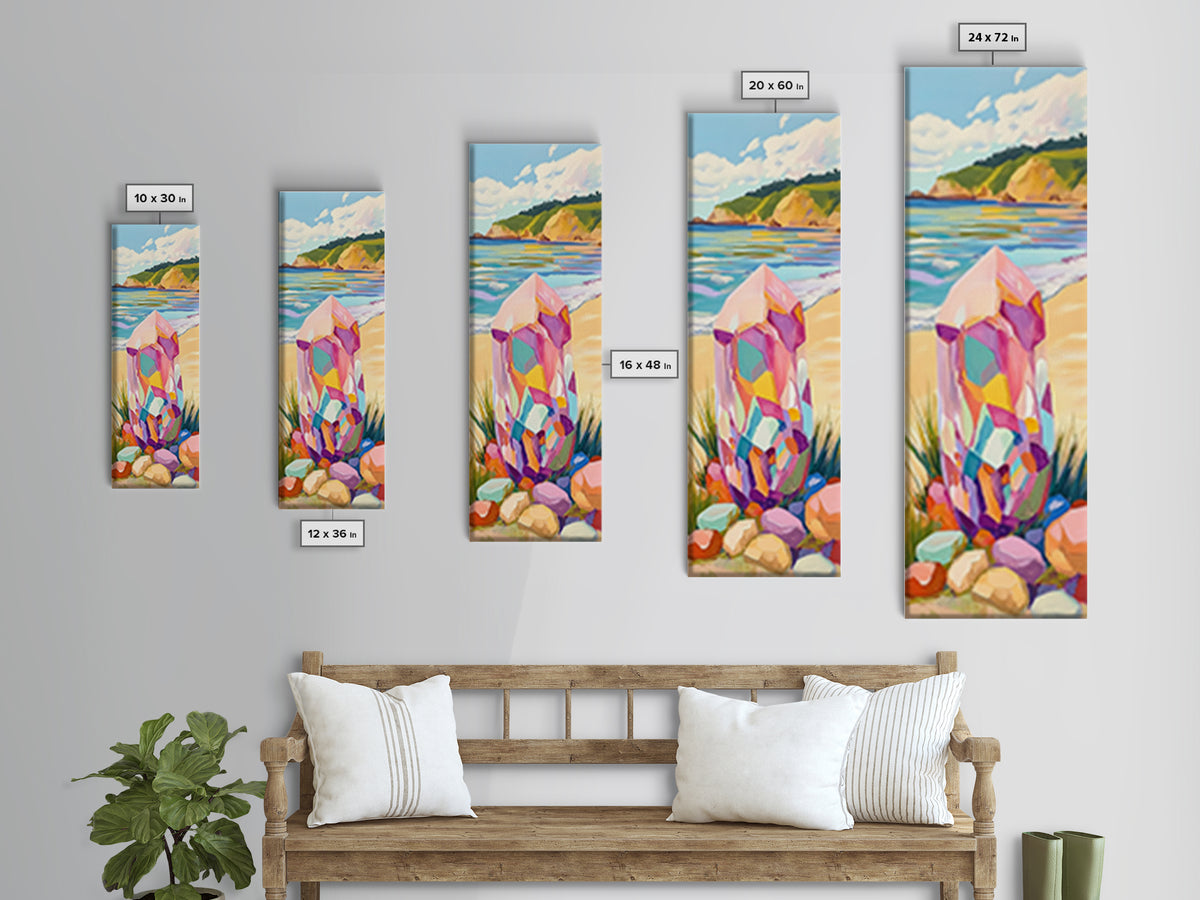 Rainbow Crystal Beach Canvas Print, Coastal Wall Art, Colorful Gemstone Decor, Ocean Landscape Print, Boho Beach House Gift