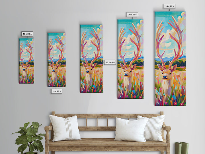 Whimsical Deer With Tall Antlers Canvas Print, Colorful Wildlife Wall Art, Meadow Landscape Decor, Rustic Nursery Gift, Animal Lover Gift