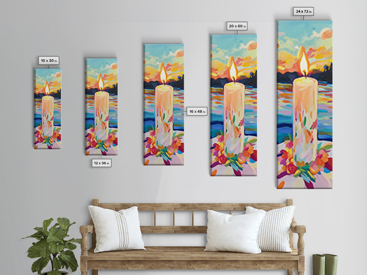 Floral Candle At Sunset Framed Canvas Print, Lake Landscape Wall Art, Cozy Spiritual Decor, Meditation Gift, Calming Print