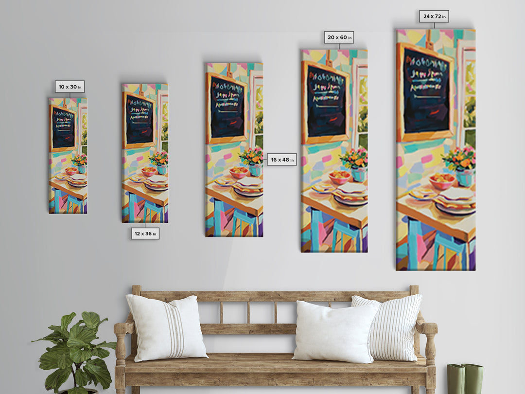 Cheerful Kitchen Table With Chalkboard Menu Wall Art, Breakfast Nook Canvas Print, Colorful Cafe Decor, Dining Room Print