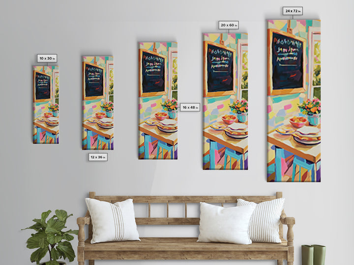 Cheerful Kitchen Table With Chalkboard Menu Wall Art, Breakfast Nook Canvas Print, Colorful Cafe Decor, Dining Room Print
