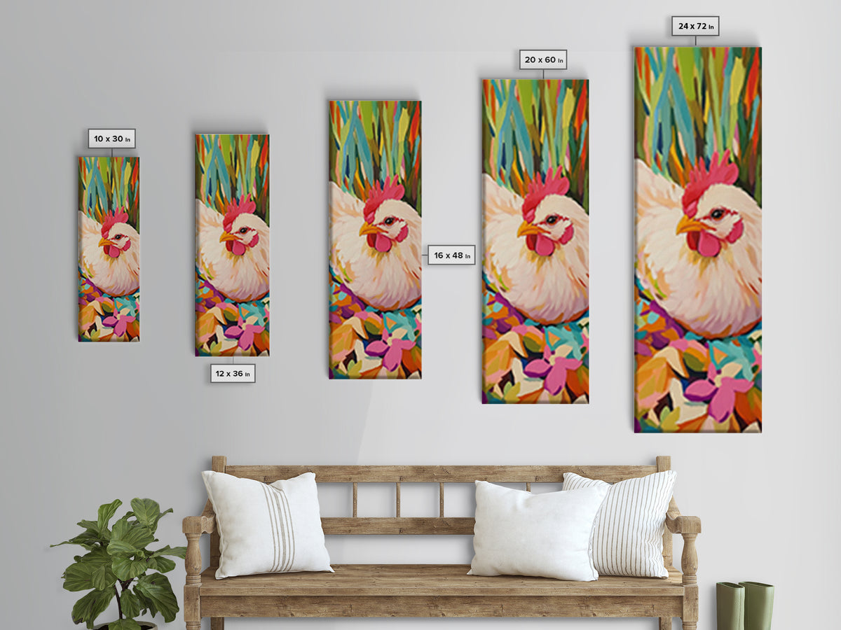White Hen Among Tropical Leaves Framed Canvas Print, Colorful Animal Wall Art, Farmhouse Kitchen Decor, Whimsical Art Print