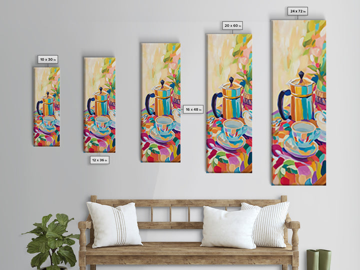 Bright Moka Pot And Teacups Framed Canvas Print, Coffee Bar Wall Art, Cafe Decor, Kitchen Wall Decor, Housewarming Gift Idea