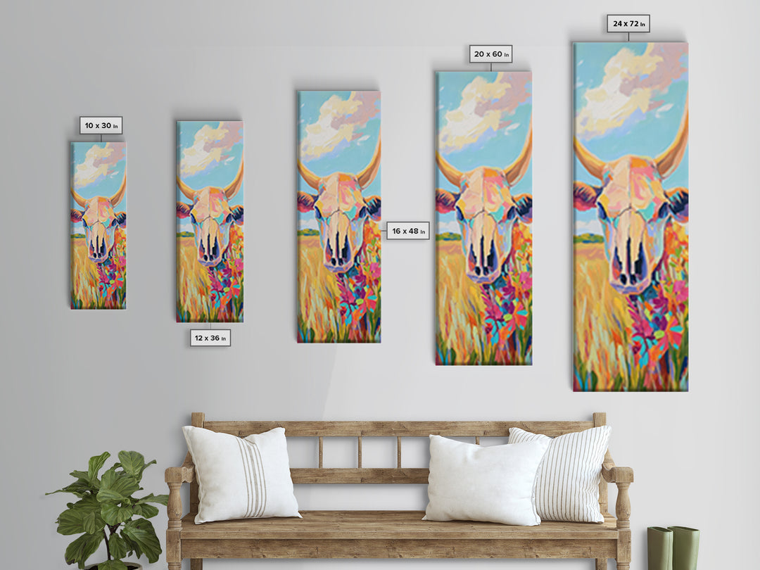 Pastel Cow Skull With Wildflowers Wall Art, Western Decor, Southwestern Canvas Print, Rustic Ranch Housewarming Gift For Her