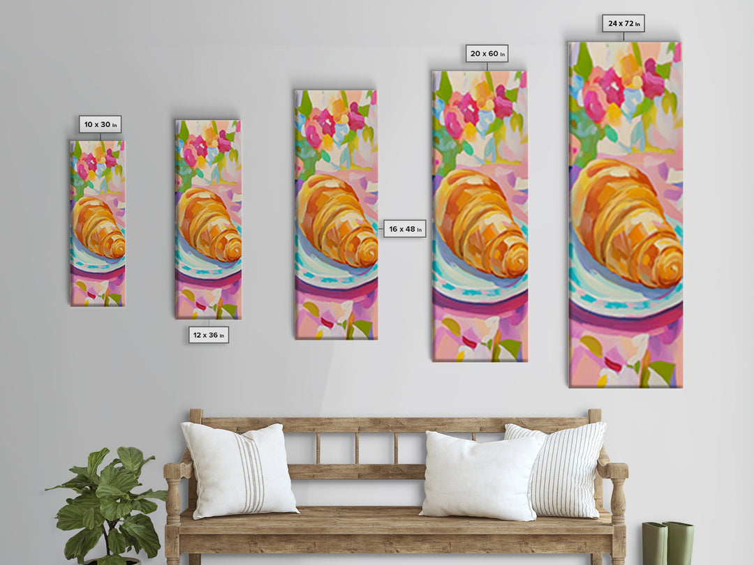 Golden Croissant On Floral Plate Canvas Print, French Bakery Wall Art, Modern Kitchen Decor, Patisserie Print, Food Lover Gift