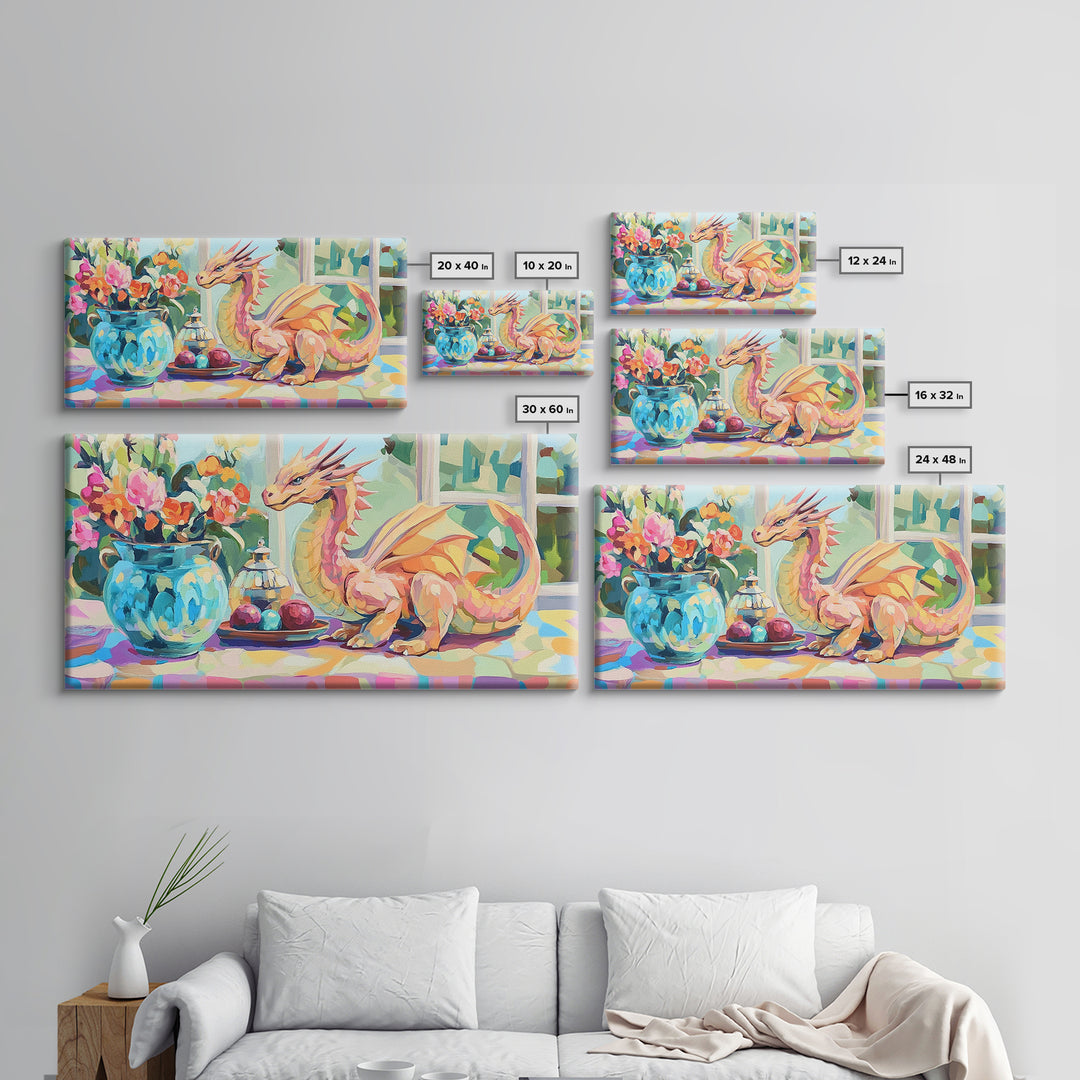 Whimsical Pink Dragon With Flowers Framed Canvas Print, Fantasy Wall Art, Nursery Decor, Girls Room Art, Unique Gift For Her