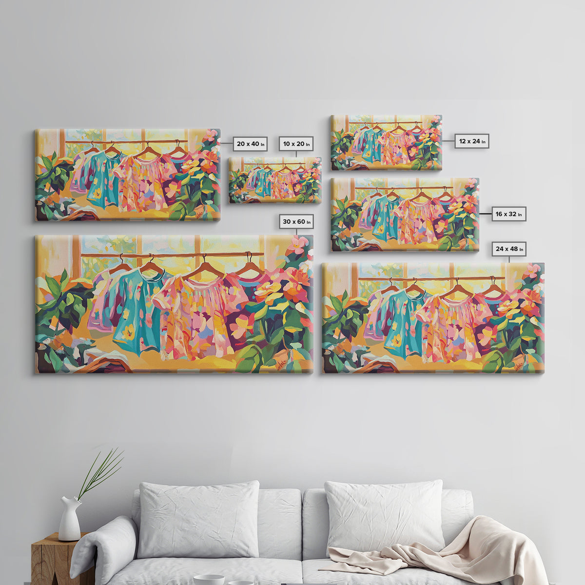 Bright Floral Dresses Hanging By Window Canvas Print, Fashion Wall Art, Feminine Wall Decor, Boutique Decor, Gift For Her