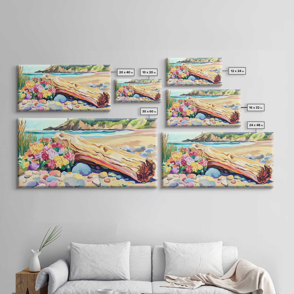 Driftwood Log And Wildflowers On Beach Framed Canvas Print, Coastal Wall Art, Seascape Art, Beach House Decor, Ocean Print