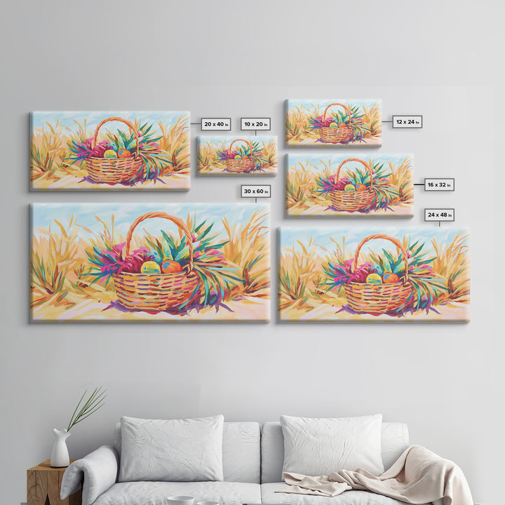 Beach Basket With Tropical Leaves Wall Art, Coastal Canvas Print, Summer Beach House Decor, Colorful Fruit Still Life Gift