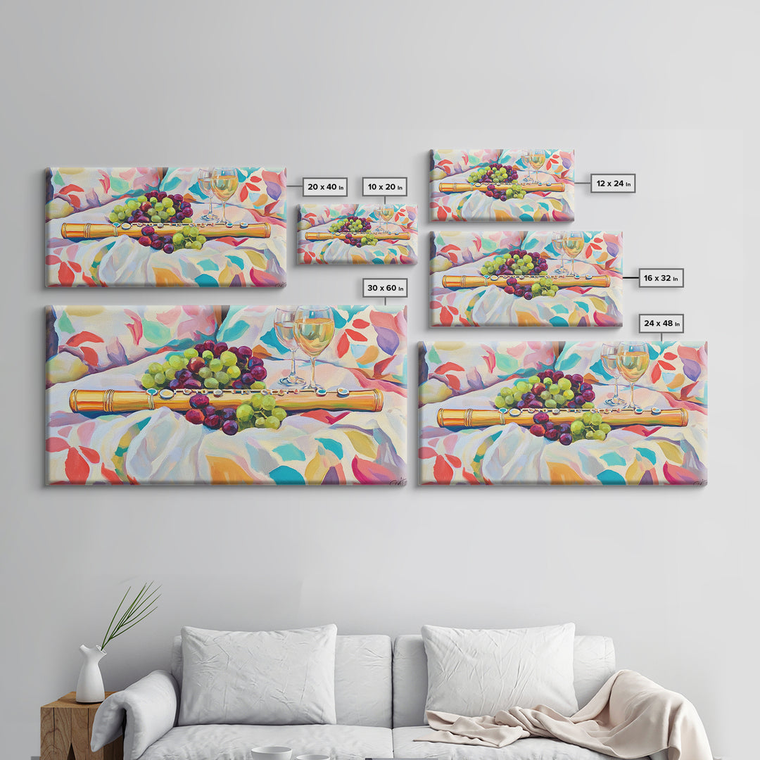 Golden Flute With Wine And Grapes Framed Canvas Print, Music Room Art, Winery Wall Art, Still Life, Dining Room Decor, Gift For Music Lover