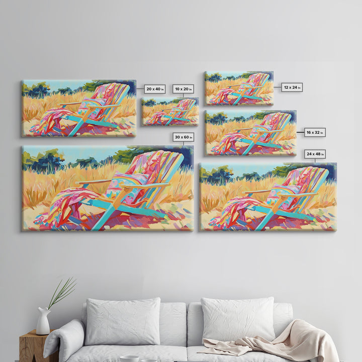 Colorful Beach Chair In Summer Grass Canvas Print, Coastal Wall Art, Beach House Decor, Summer Vibes, Relaxing Art Print