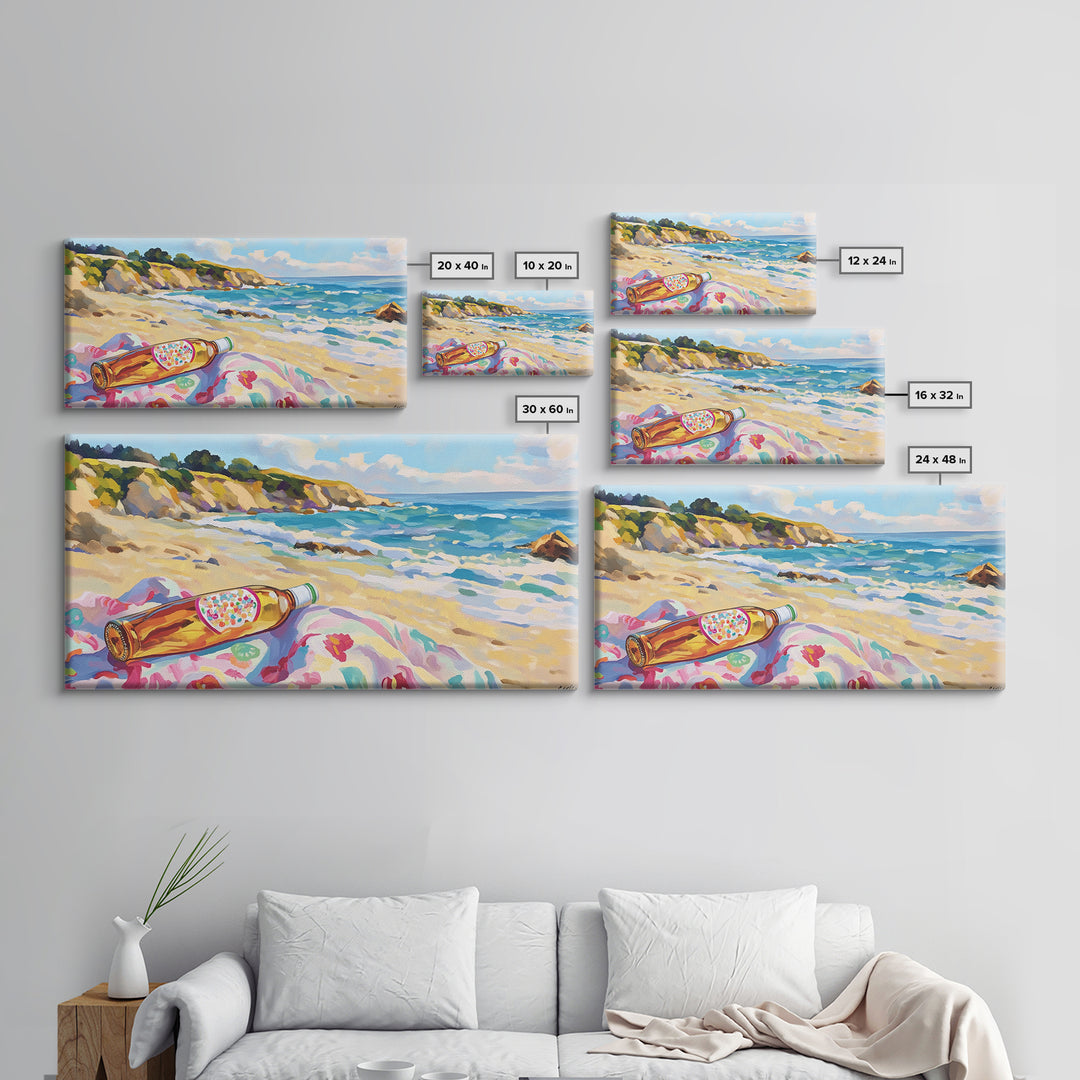 Beach Bottle On Towel Coastal Beach Canvas Print, Ocean Wall Art, Beach House Decor, Nautical Wall Decor, Summer Gift For Her