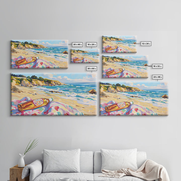 Beach Bottle On Towel Coastal Beach Canvas Print, Ocean Wall Art, Beach House Decor, Nautical Wall Decor, Summer Gift For Her