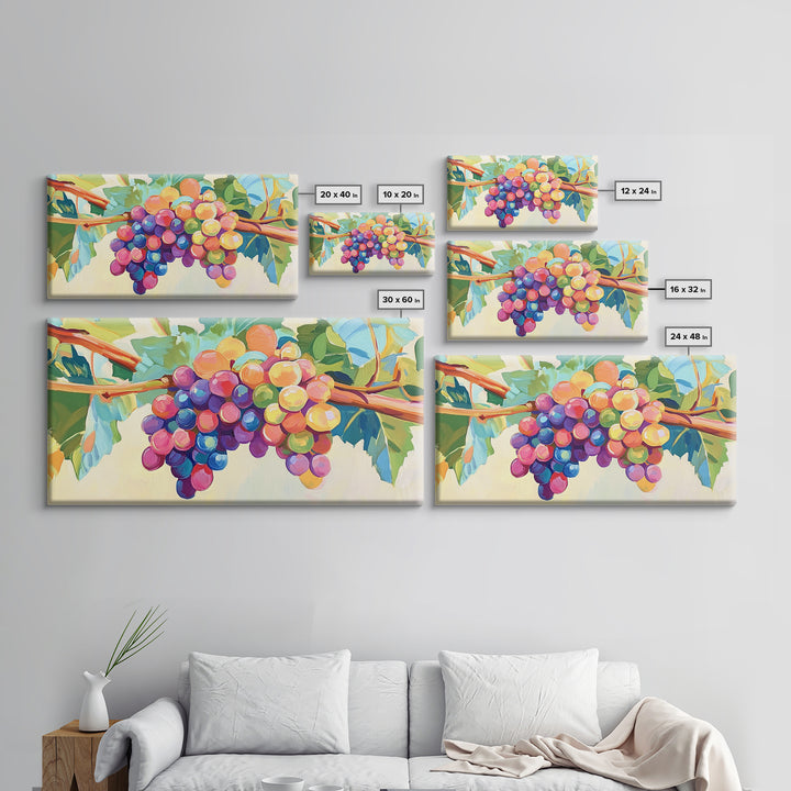 Bright Grape Bunches And Green Leaves Canvas Print, Vineyard Wall Art, Wine Kitchen Decor, Colorful Fruit Art, Winery Gift