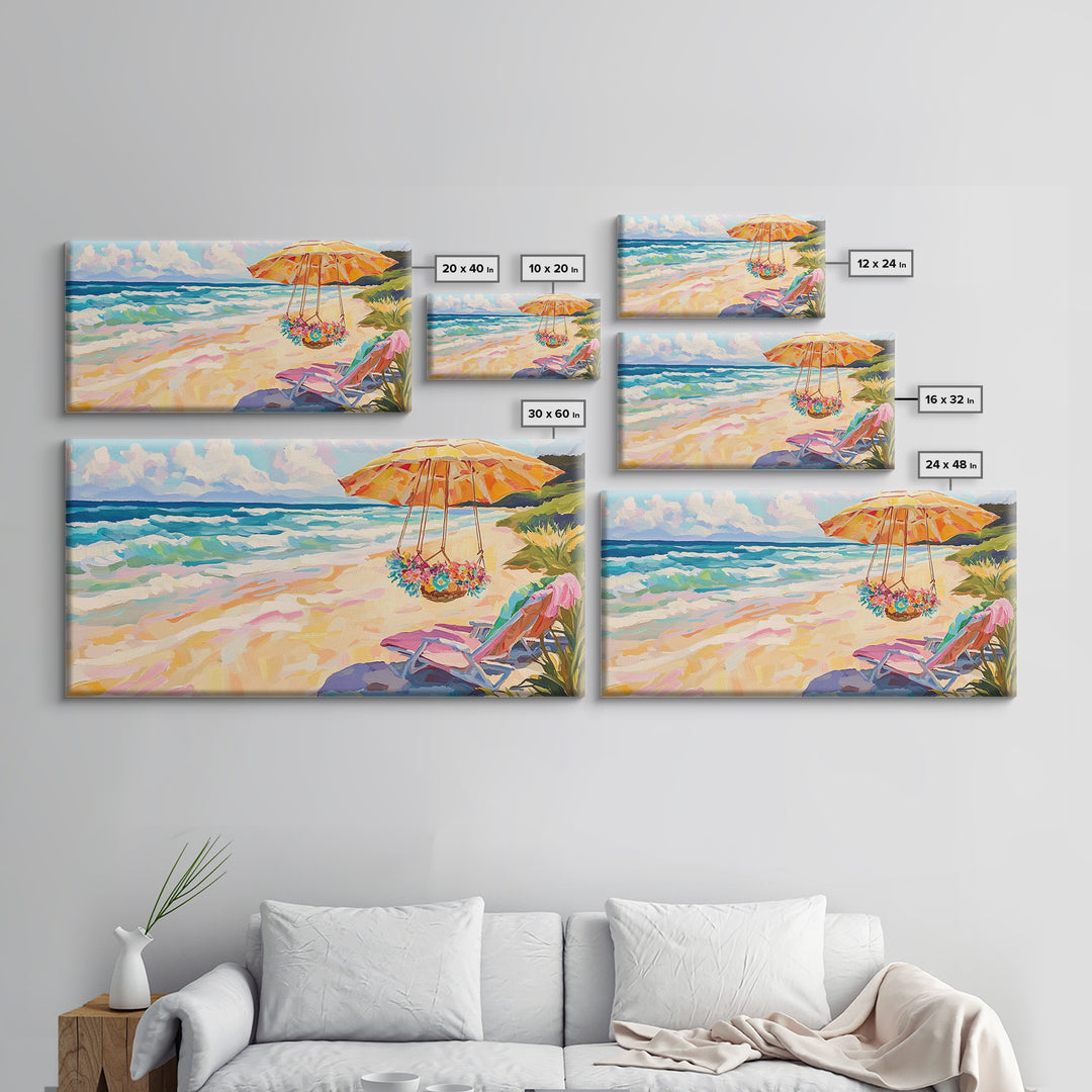 Sunny Beach Umbrella And Chair Framed Canvas Print, Coastal Wall Art, Ocean Decor, Beach House Living Room Art Gift, Summer Seascape