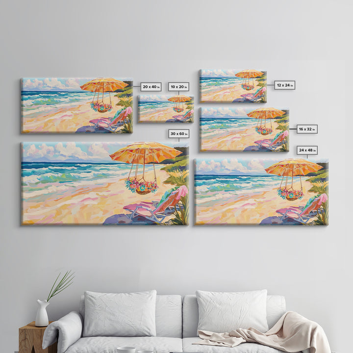 Sunny Beach Umbrella And Chair Framed Canvas Print, Coastal Wall Art, Ocean Decor, Beach House Living Room Art Gift, Summer Seascape