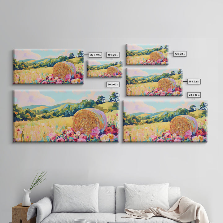 Golden Hay Bale Wildflower Meadow Canvas Print, Country Landscape Wall Art, Farmhouse Decor, Rustic Living Room Art Gift