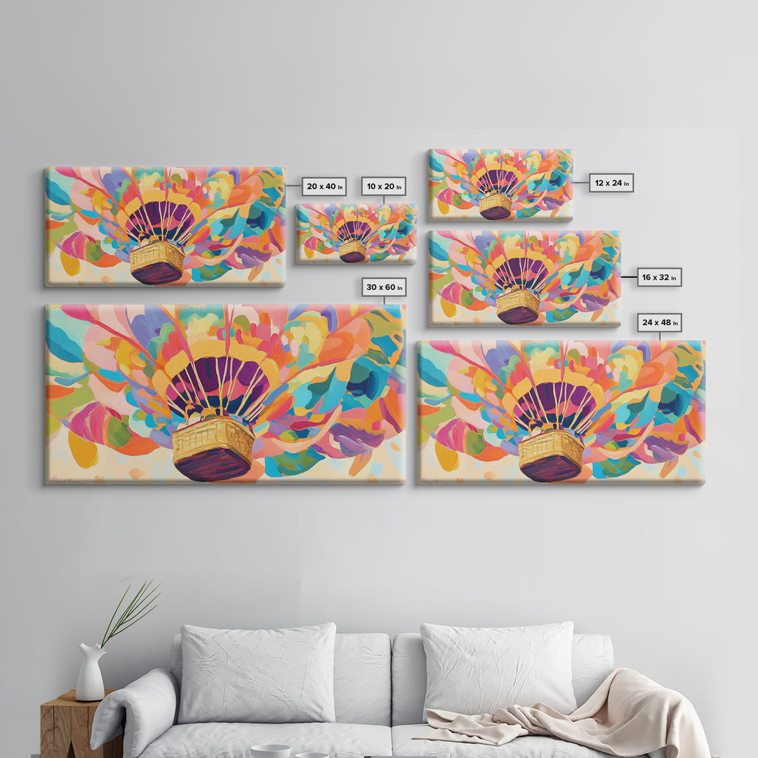 Rainbow Hot Air Balloon Canvas Print, Whimsical Nursery Wall Art, Colorful Dopamine Decor, Kids Room Fantasy Art Gift, Baby Shower