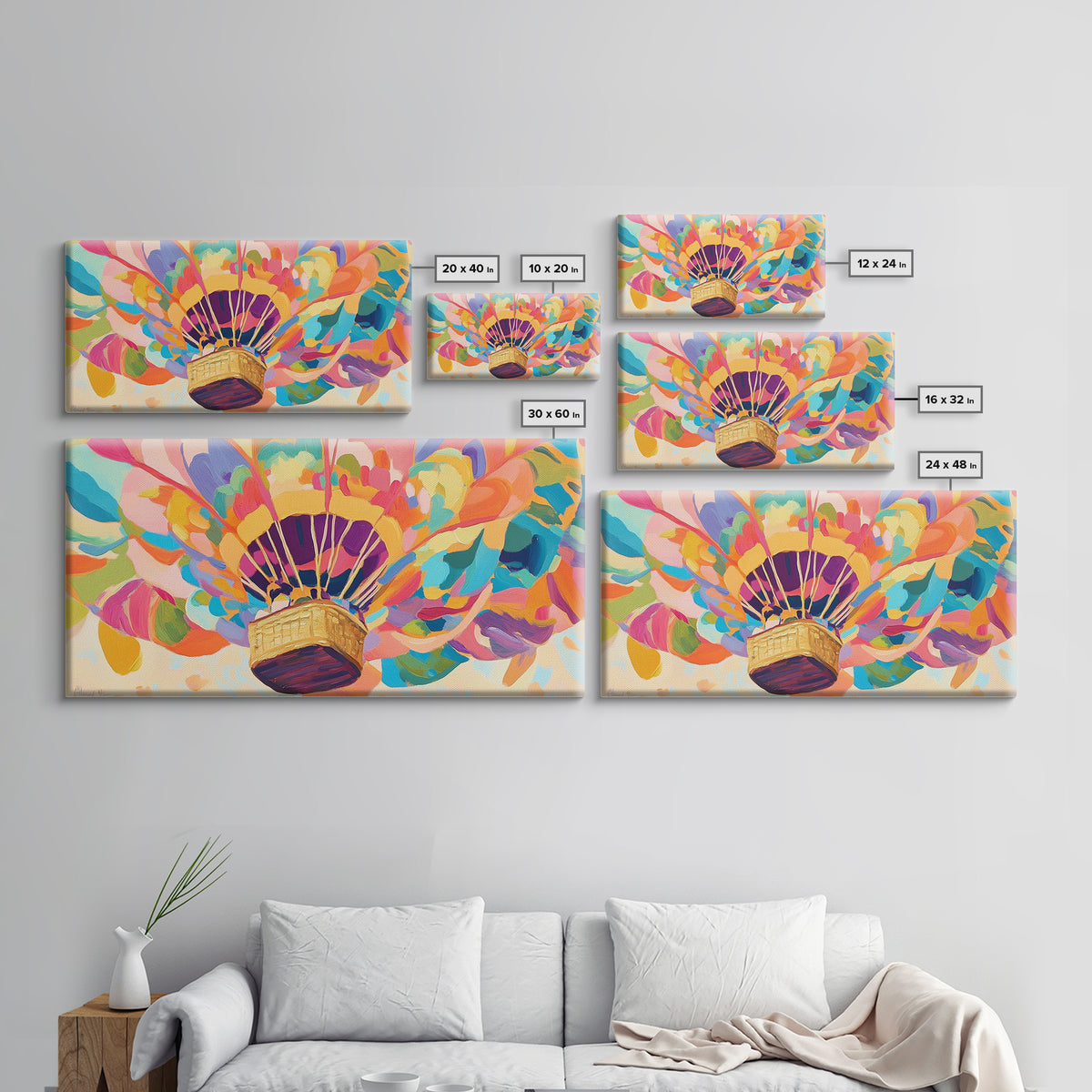Rainbow Hot Air Balloon Canvas Print, Whimsical Nursery Wall Art, Colorful Dopamine Decor, Kids Room Fantasy Art Gift, Baby Shower