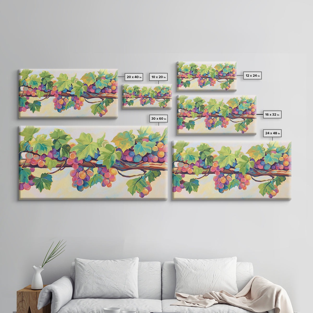 Sunlit Grapes And Green Vine Wall Art, Vineyard Canvas Print, Colorful Kitchen Decor, Rustic Farmhouse Dining Room Prints