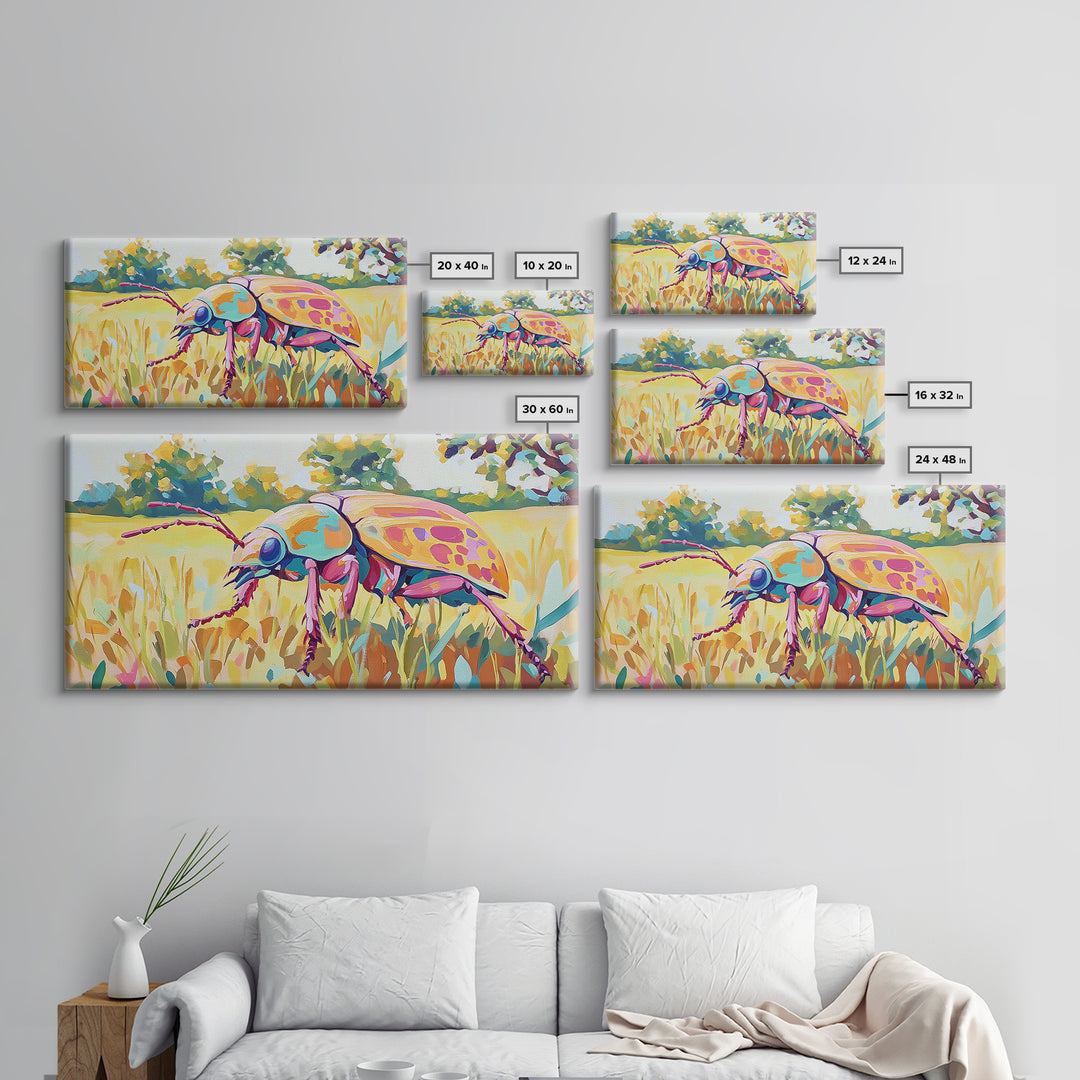 Iridescent Beetle In Golden Meadow Framed Canvas Print, Colorful Insect Wall Art, Nature Inspired Decor, Nature Lover Gift