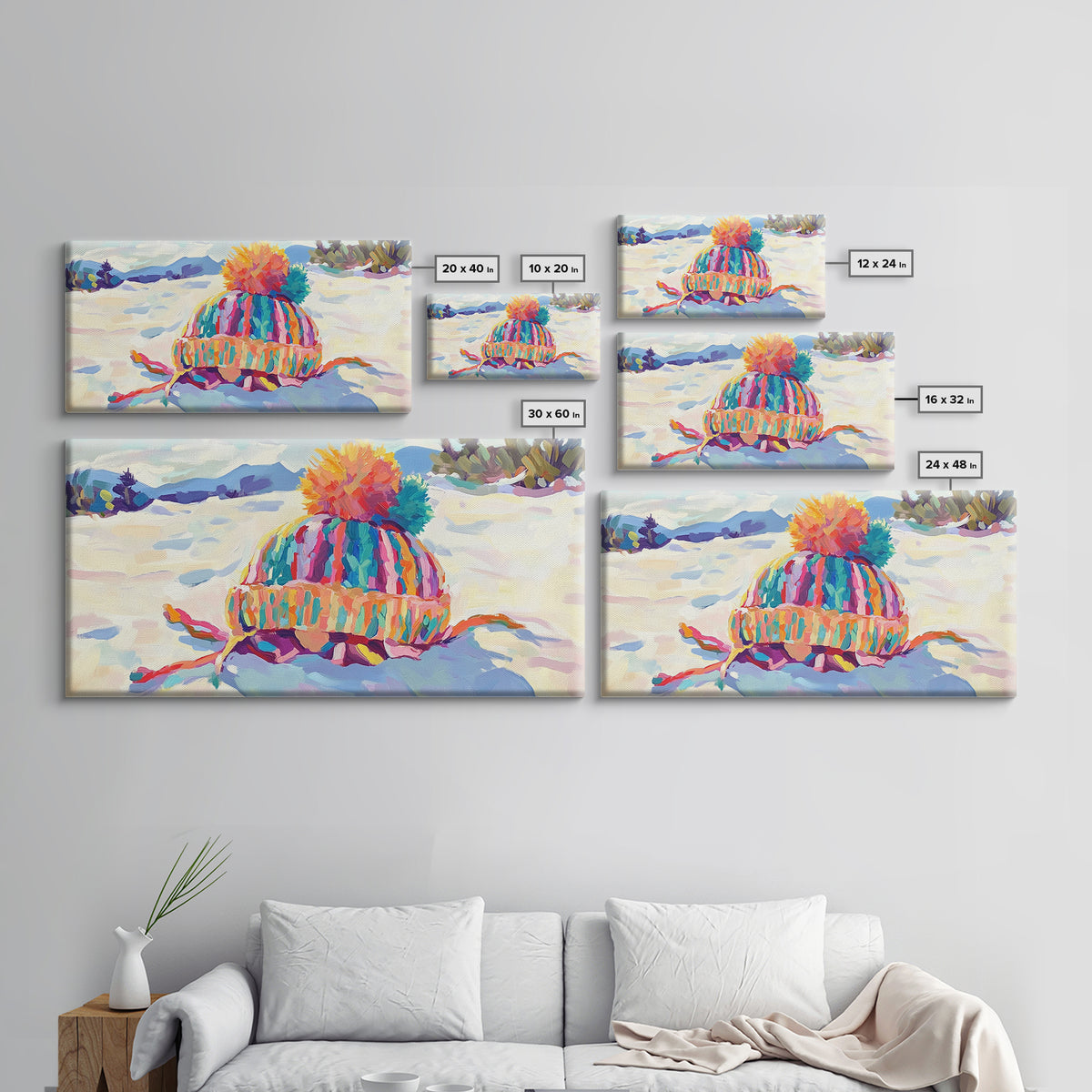 Striped Knit Hat In Snow Canvas Print, Cozy Winter Wall Art, Colorful Nursery Decor, Mountain Landscape, Housewarming Gift
