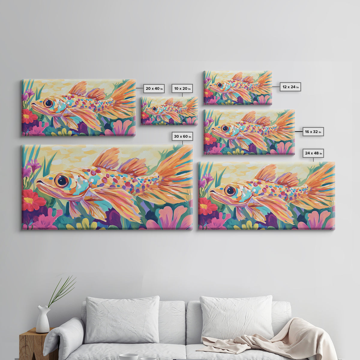 Colorful Goldfish Swimming Through Flowers Canvas Print, Whimsical Animal Wall Art, Ocean Nursery Decor, Bright Bathroom Art