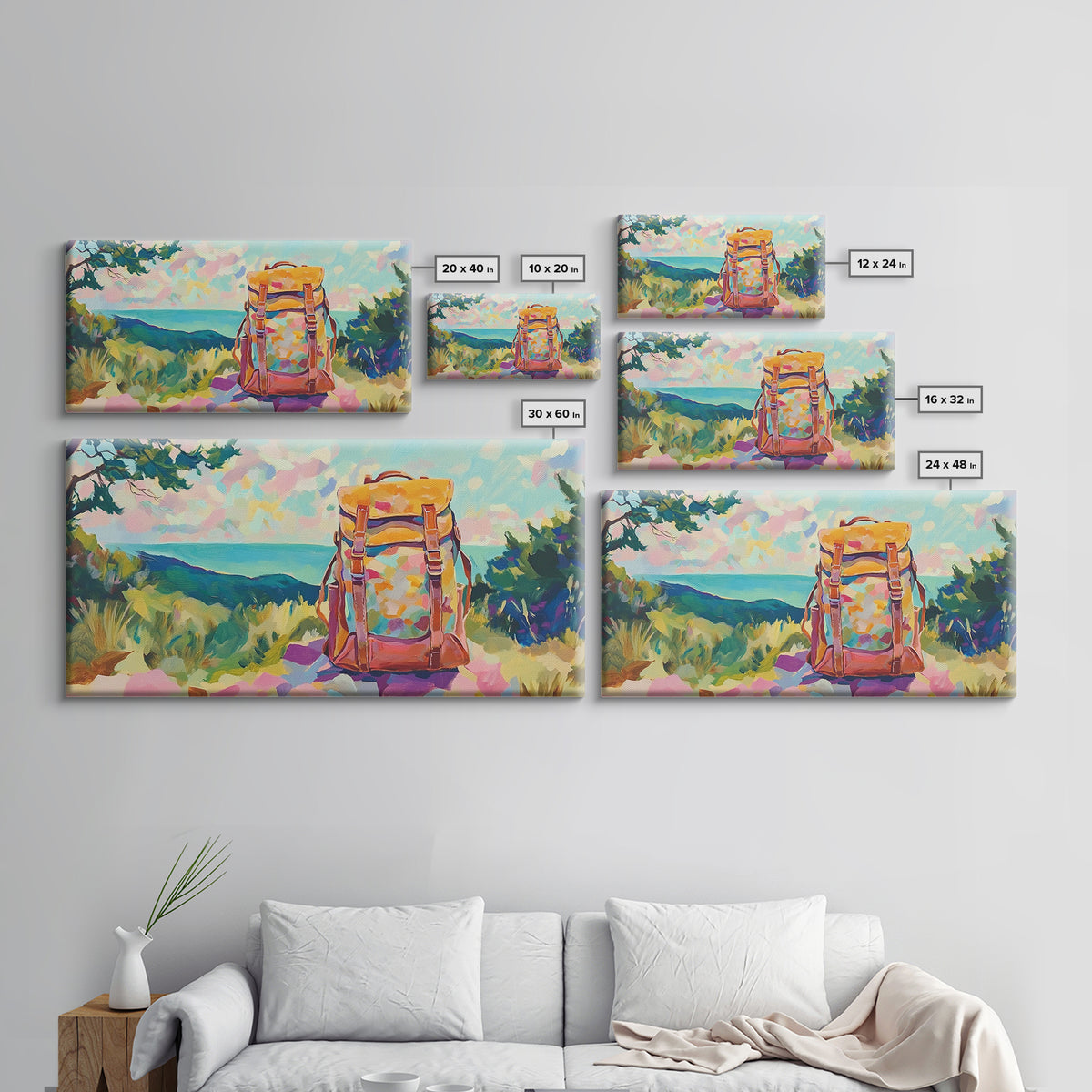 Floral Backpack Coastal Landscape Wall Art, Travel Inspired Art Print, Hiking Gift, Beach House Decor, Modern Nature Wall Decor