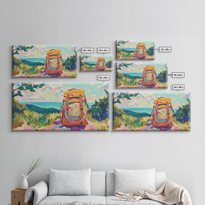 Floral Backpack Coastal Landscape Wall Art, Travel Inspired Art Print, Hiking Gift, Beach House Decor, Modern Nature Wall Decor