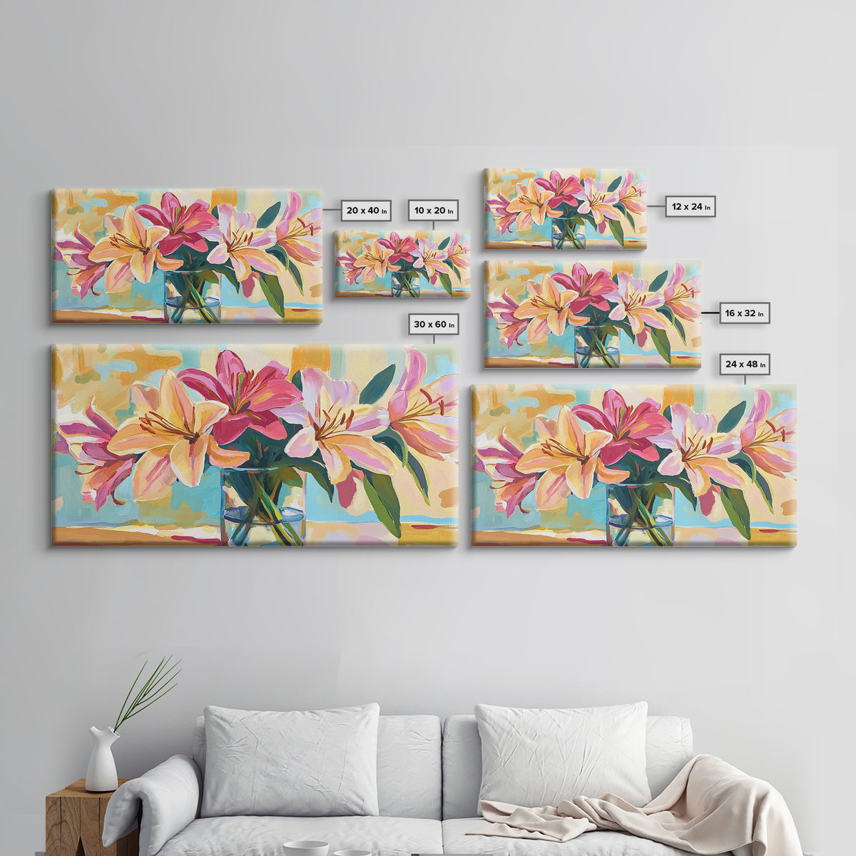 Pink Lilies In Glass Vase Framed Canvas Print, Floral Wall Art, Botanical Decor, Feminine Living Room Wall Decor, Gift For Her