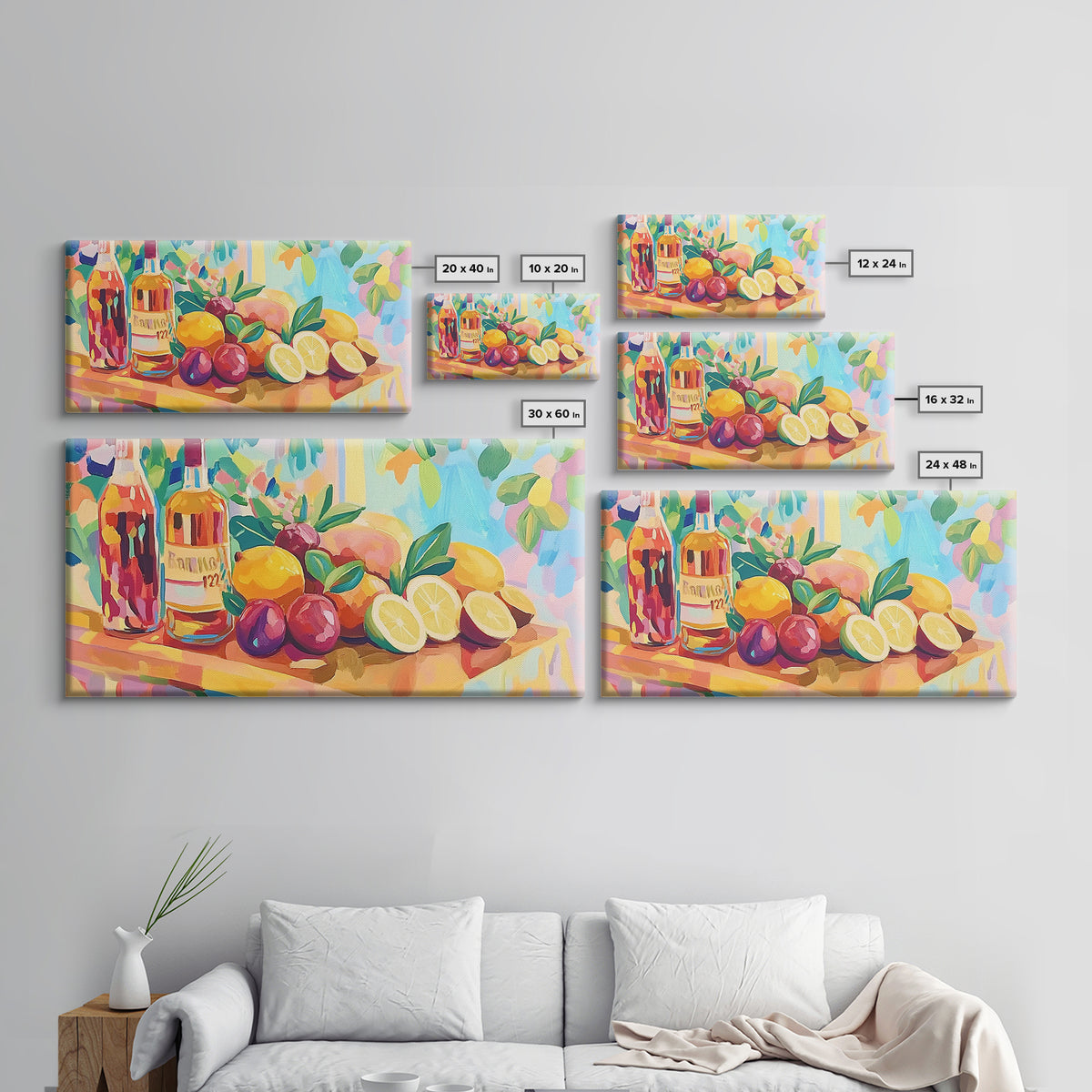 Colorful Citrus And Wine Still Life Canvas Print, Bright Kitchen Wall Art, Fruit Art Print, Dining Room Decor, Housewarming Gift