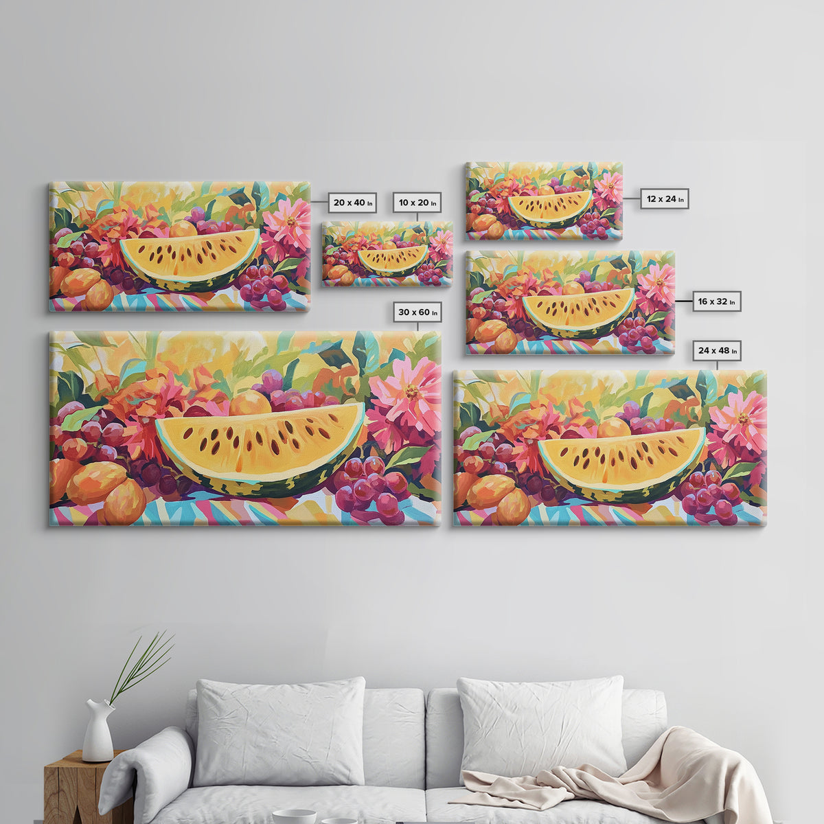 Sunny Watermelon And Summer Fruit Canvas Print, Colorful Kitchen Wall Art, Fruit Still Life, Dining Room Home Decor Gift