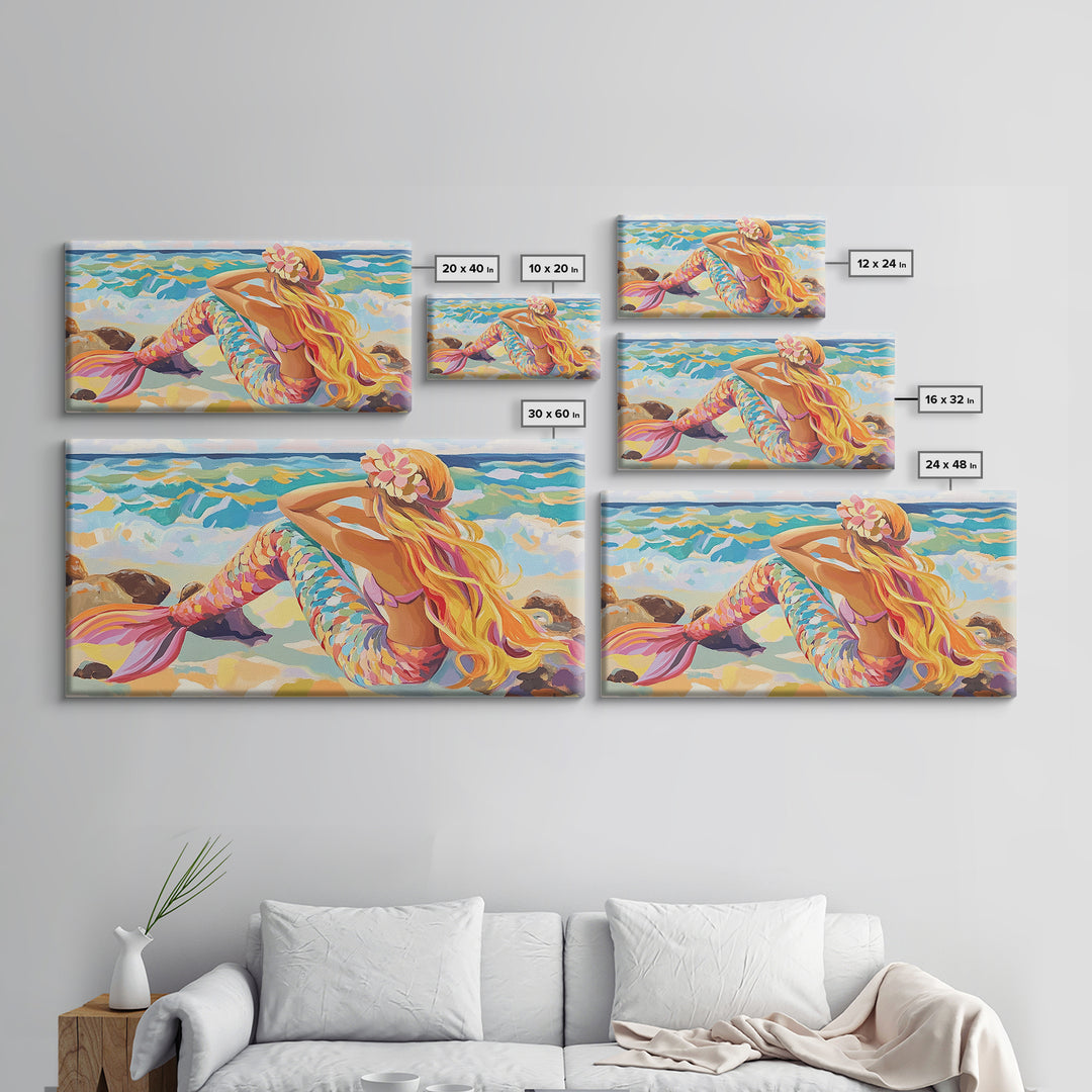 Blonde Mermaid On Sunny Beach Canvas Print, Fantasy Wall Art, Coastal Ocean Decor, Whimsical Nursery Or Bathroom Decor Gift